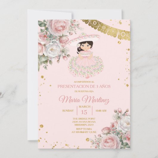 Pink Flowers Presentación De Tres Años Cute Girl Kaart (Voorkant)