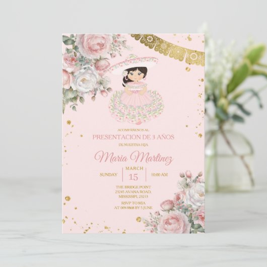Pink Flowers Presentación De Tres Años Cute Girl Kaart (Staand voorkant)
