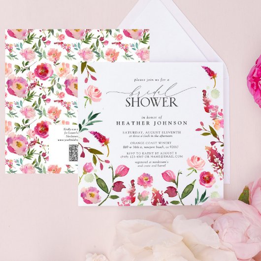 Pink Flowers QR Code Waterverf Vrijgezellenfeest Kaart