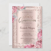 Pink Flowers Rose Gold Glitter Frame Crown  Kaart (Voorkant)