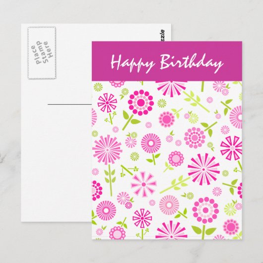 Pink Flowers Verjaardag Briefkaart (Voorkant / Achterkant)