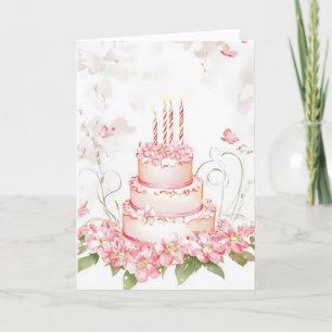 Pink Flowers Waterverf Cake Feestdagen Kaart