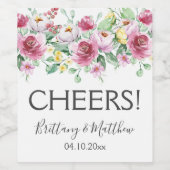 Pink Flowers Waterverf Floral Weddenschappen Wijn Etiket (Enkel label)