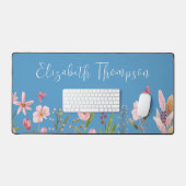 Pink Flowers Waterverf Stijlvolle Script Naam Blau Bureaumat (Keyboard & Muis)