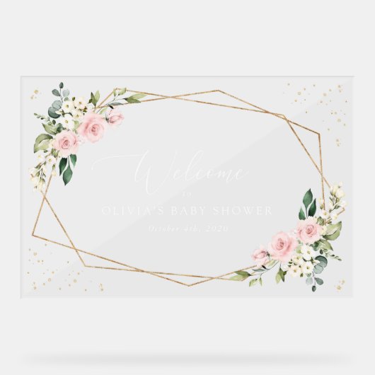 Pink Flowers, White Flowers, Baby Shower Welcome Acryl Bord (Voorkant)