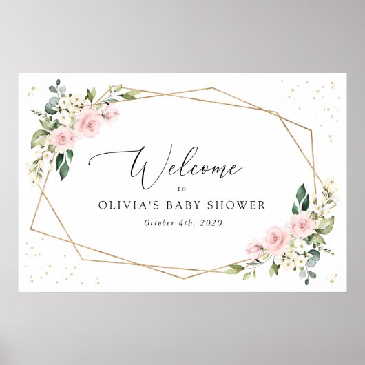 Pink Flowers, White Flowers, Baby Shower Welcome Poster (Voorkant)