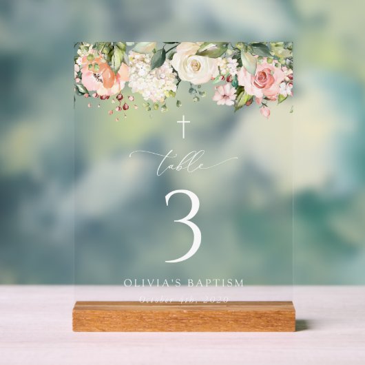 Pink Flowers, White Flowers, Baptism Table Numbers Acryl Bord (Neutraal)