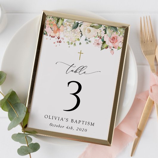 Pink Flowers, White Flowers, Baptism Table Numbers Kaart