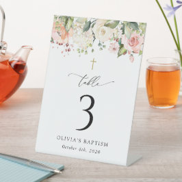Pink Flowers, White Flowers, Baptism Table Numbers Reclamebord Met Voetstuk