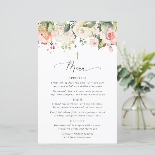 Pink Flowers, White Flowers, Boho, Baptism Menu (Staand voorkant)