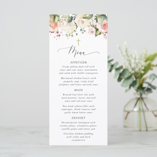 Pink Flowers, White Flowers, Boho, Baptism Menu (Staand voorkant)