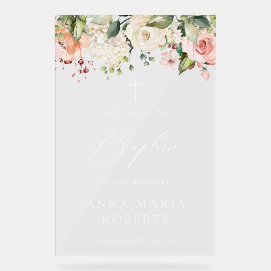 Pink Flowers, White Flowers, Boho, Baptism Welcome Acryl Bord (Voorkant)