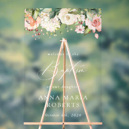 Pink Flowers, White Flowers, Boho, Baptism Welcome Acryl Bord