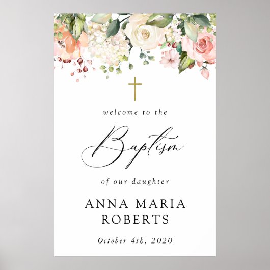Pink Flowers, White Flowers, Boho, Baptism Welcome Poster (Voorkant)