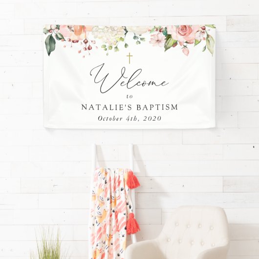 Pink Flowers, White Flowers, Boho, Baptism Welcome Spandoek (Insitu)