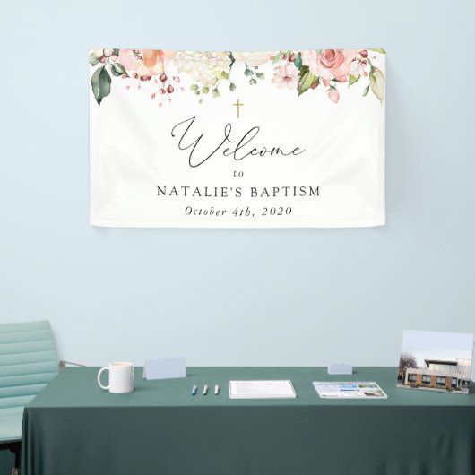 Pink Flowers, White Flowers, Boho, Baptism Welcome Spandoek (Beurs)