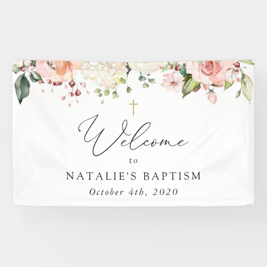 Pink Flowers, White Flowers, Boho, Baptism Welcome Spandoek (Horizontaal)