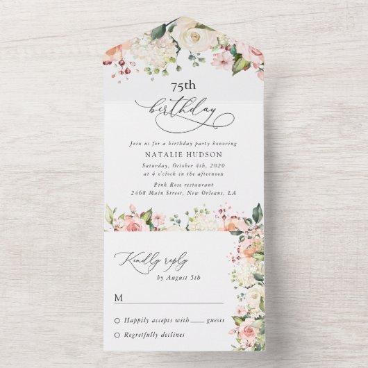 Pink Flowers, White Flowers, Boho, Birthday All In One Uitnodiging (Binnen)