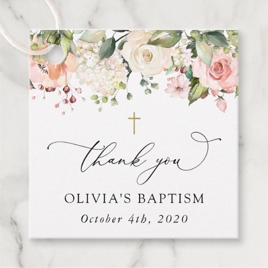 Pink Flowers, White Flowers, Boho, Floral Baptism Bedankjes Labels (Voorkant)