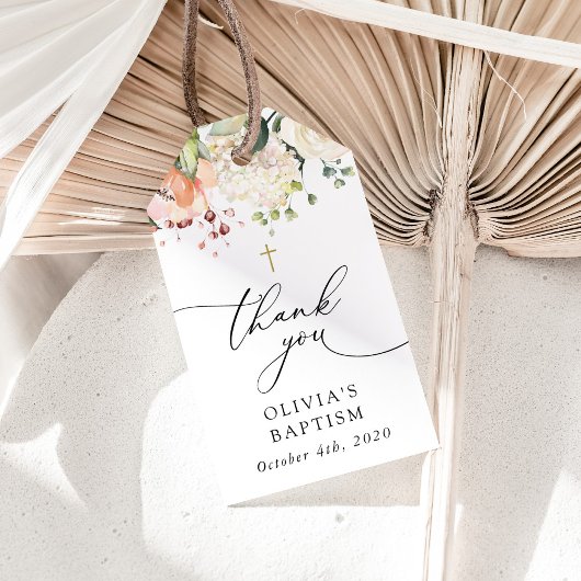 Pink Flowers, White Flowers, Boho, Floral Baptism Cadeaulabel