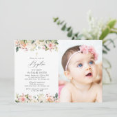 Pink Flowers, White Flowers, Boho, Floral Baptism Kaart (Staand voorkant)