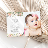 Pink Flowers, White Flowers, Boho, Floral Baptism Kaart