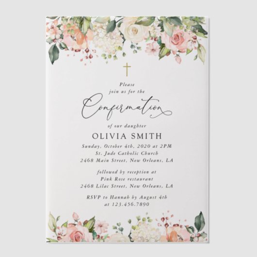 Pink Flowers, White Flowers, Floral Confirmation Vellum Uitnodigingen (Voorkant)