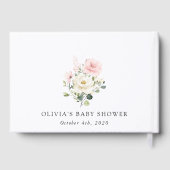 Pink Flowers, White Flowers, Greenery, Baby Shower Gastenboek (Achterkant)