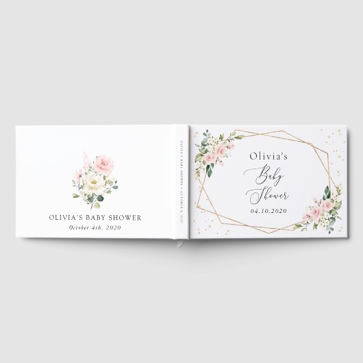 Pink Flowers, White Flowers, Greenery, Baby Shower Gastenboek (Volledig)