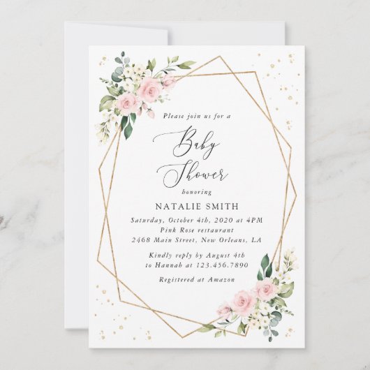 Pink Flowers, White Flowers, Greenery, Baby Shower Kaart (Voorkant)