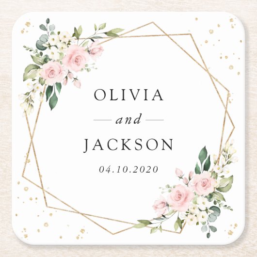 Pink Flowers, White Flowers, Greenery, Wedding Kartonnen Onderzetters (Voorkant)