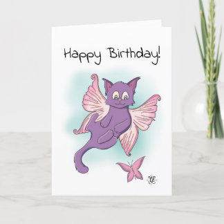 Pink Flying Kitten Happy Birthday Kaart
