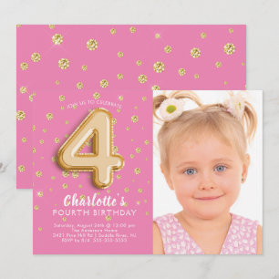 Pink Foil ballon Foto 4th Birthday Invitation Kaart