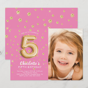 Pink Foil ballon Foto 5th Birthday Invitation Kaart