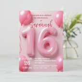 Pink Foil Balloon Typography Sweet 16 Birthday Kaart (Staand voorkant)