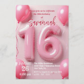 Pink Foil Balloon Typography Sweet 16 Birthday Kaart (Voorkant)