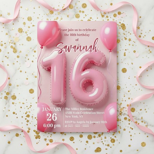 Pink Foil Balloon Typography Sweet 16 Birthday Kaart