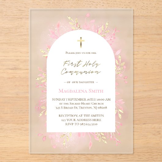pink foliage First Holy Communion frosted  Acryl Uitnodigingen (Voorkant)