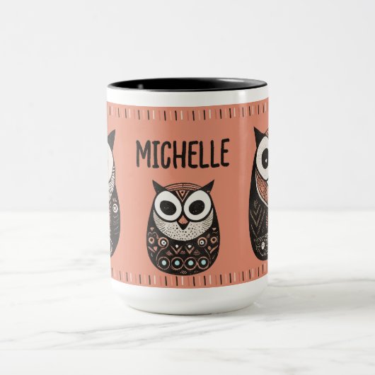 Pink Folk Art Owl Aangepaste naam Mok (Midden)