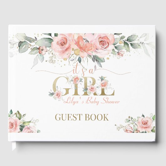 Pink Foral is een meisje Baby shower gastenboek (Voorkant)
