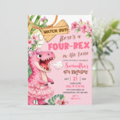 Pink Four Rex On The Loose Fourth Birthday Kaart (Staand voorkant)