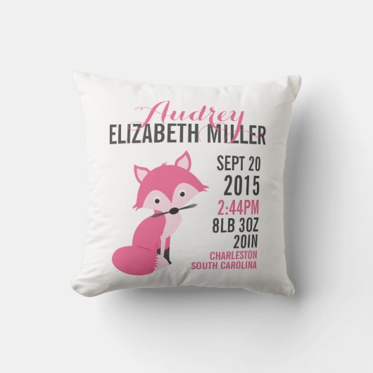 Pink Fox Birth Announcement Nursery Pillow Kussen (Voorkant)