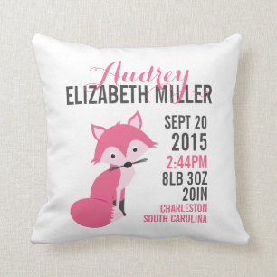 Pink Fox Birth Announcement Nursery Pillow Kussen