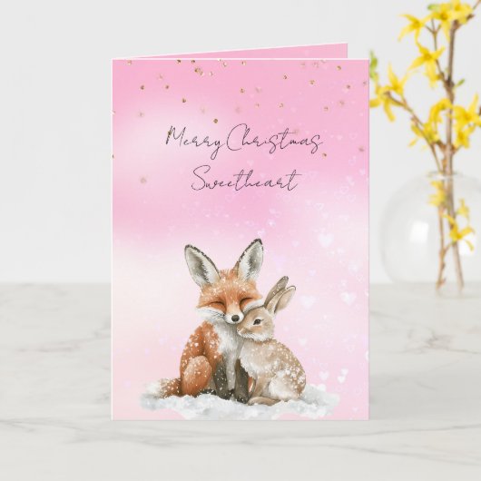 Pink Fox Bunny Love Glitter Sweetheart Christmas Kaart (Gele Bloem)