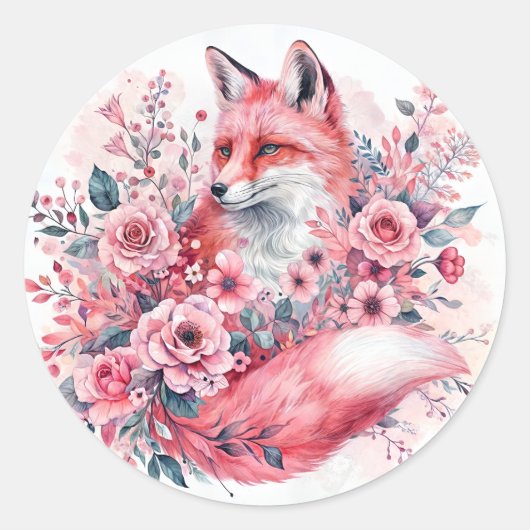 Pink Fox Floral Waterverf Art Ronde Sticker (Voorkant)