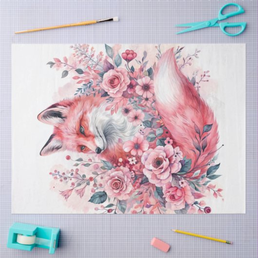 Pink Fox Floral Waterverf Art Tissuepapier (Craft)