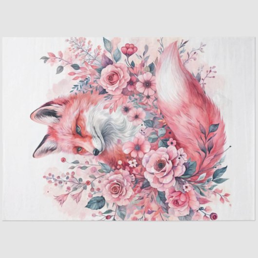 Pink Fox Floral Waterverf Art Tissuepapier (Voorkant)
