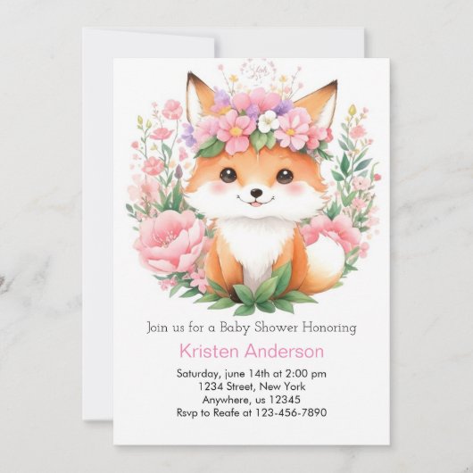 Pink Fox Whimsical Meadow Forest Meisje Baby showe Kaart (Voorkant)
