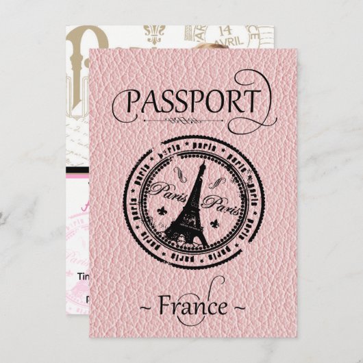 Pink France Passport Party Invite Save The Date (Voorkant / Achterkant)