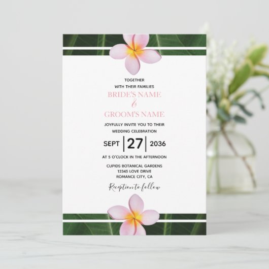 Pink Frangipani Plumeria Wedding Invitations Kaart (Staand voorkant)